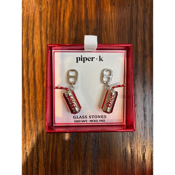 Piper K Diet Coke Pepsi Soda Pop Can Glass Earrings Boxed New Silver Red - Picture 2 of 4